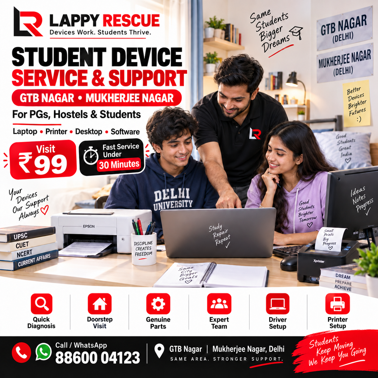 Student device service and support in GTB Nagar and Mukherjee Nagar